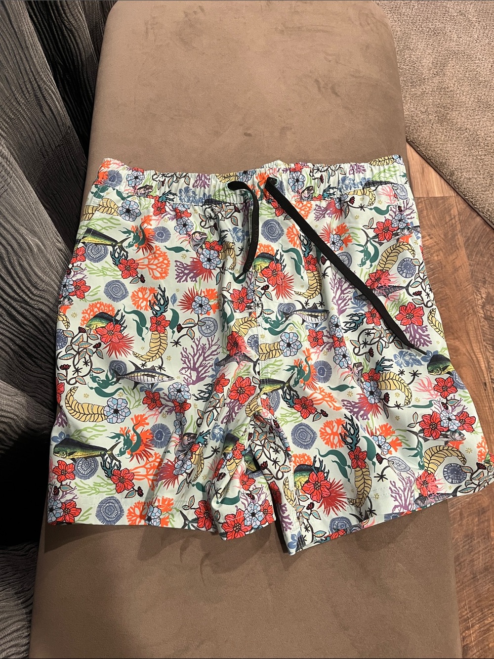 Avid Men's Cream Floral Board Swim Shorts with Black Drawcord